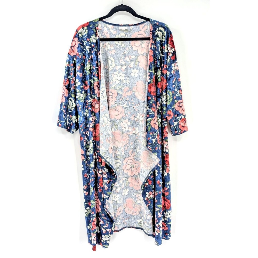 Lularoe Velour Blue Red Floral Waterfall Kimono Cottage Cardigan Sweater Large